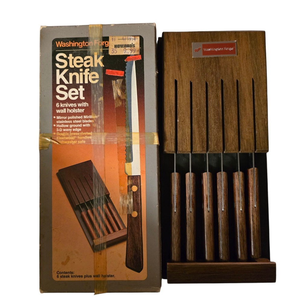 Vintage Washington Forge 6 Pc Steak Knife Set Wood Wall Holster Block Box MCM